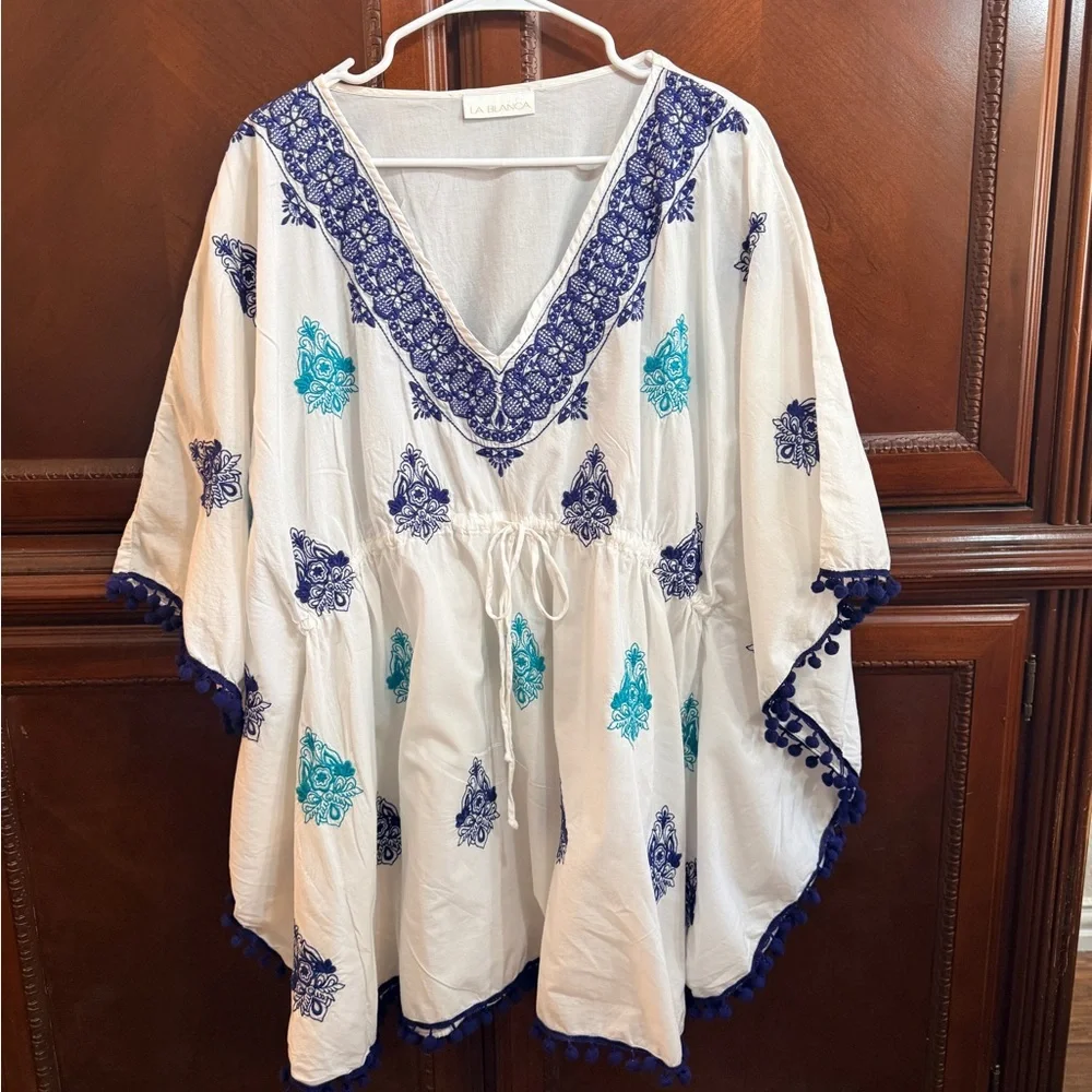 La Blanca EUC One Size, drawstring waist, 100% Cotton Embroidered Swim Cover-Up